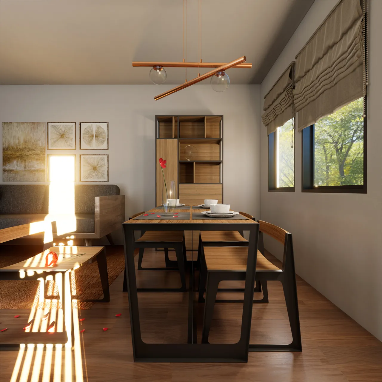 A dining room in low sun. A copper linear pendant hangs over a dark-framed table set with bowls and a single red poppy; long bars of light rake across the timber floor from a window out of frame, and scattered red petals lie in them.