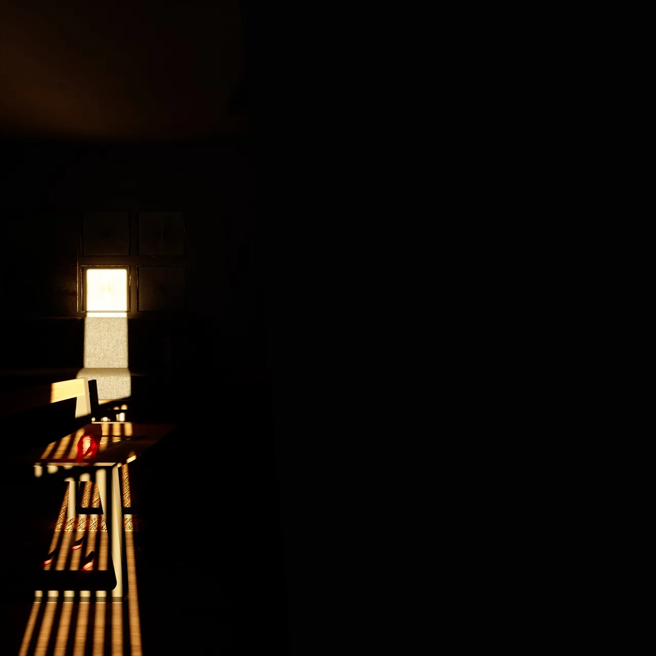 The same dining room rendered almost entirely dark. One small blown-out window panel glows at the upper left, throwing a hard ladder of light across the table and floor below it; the right half of the frame is unbroken black.