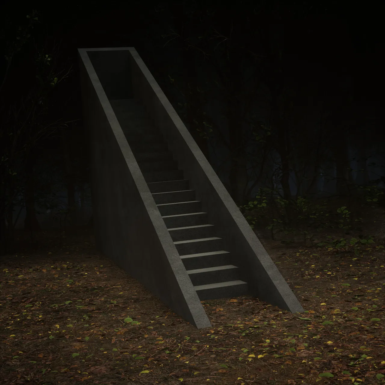 A cast-concrete stair standing free in a night forest, climbing from the leaf-littered ground to a dark rectangular opening at its top. Bare branches and low foliage surround it in near-darkness.
