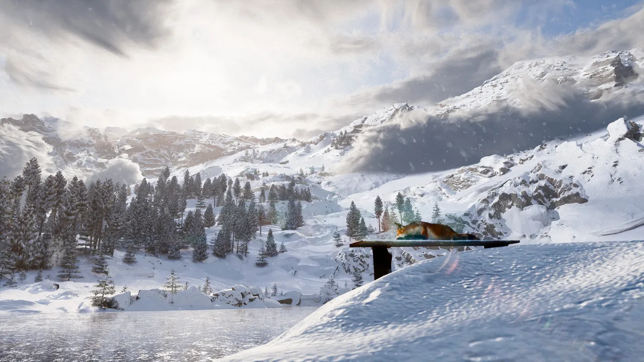 A snowbound alpine basin under broken cloud. Snow-laden conifers run along the left shore of a frozen lake, bare rock breaks through the drifts on the right, and a fox lies on a low cantilevered platform in the middle distance with wind-driven snow blowing past.