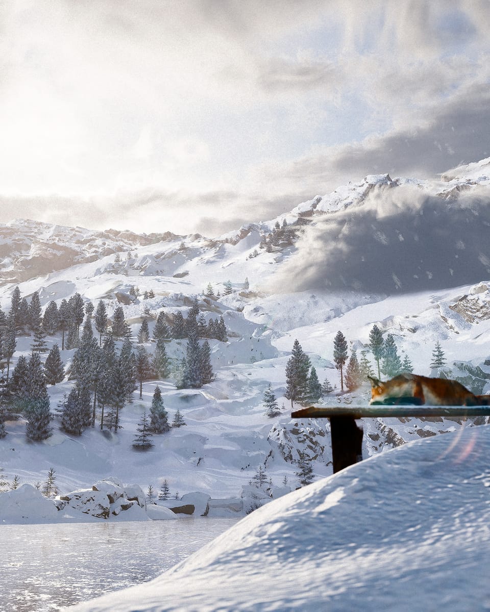 A snowbound alpine basin under broken cloud. Snow-laden conifers run along the left shore of a frozen lake, bare rock breaks through the drifts on the right, and a fox lies on a low cantilevered platform in the middle distance with wind-driven snow blowing past.