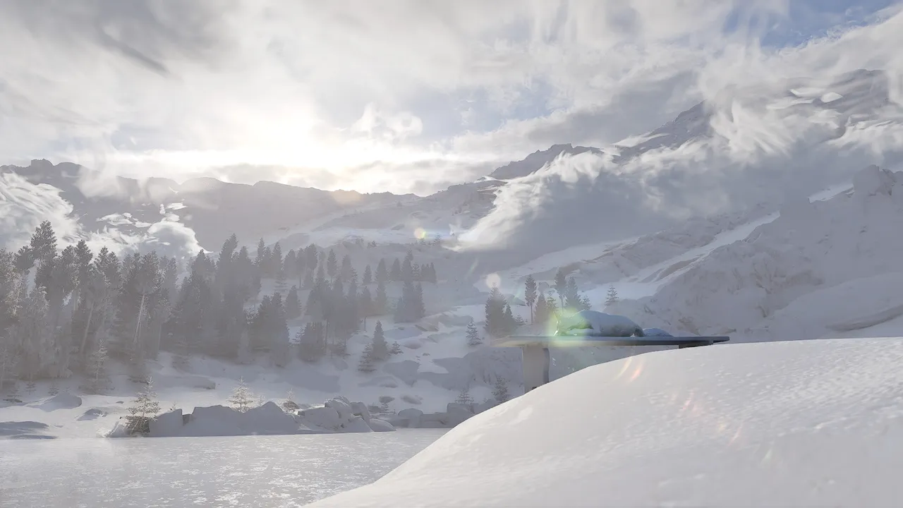 The same alpine basin rendered into flat, blown-out overcast light. The mountains, lake and treeline are reduced to pale grey silhouettes with the sun burning through the cloud just above the ridgeline.