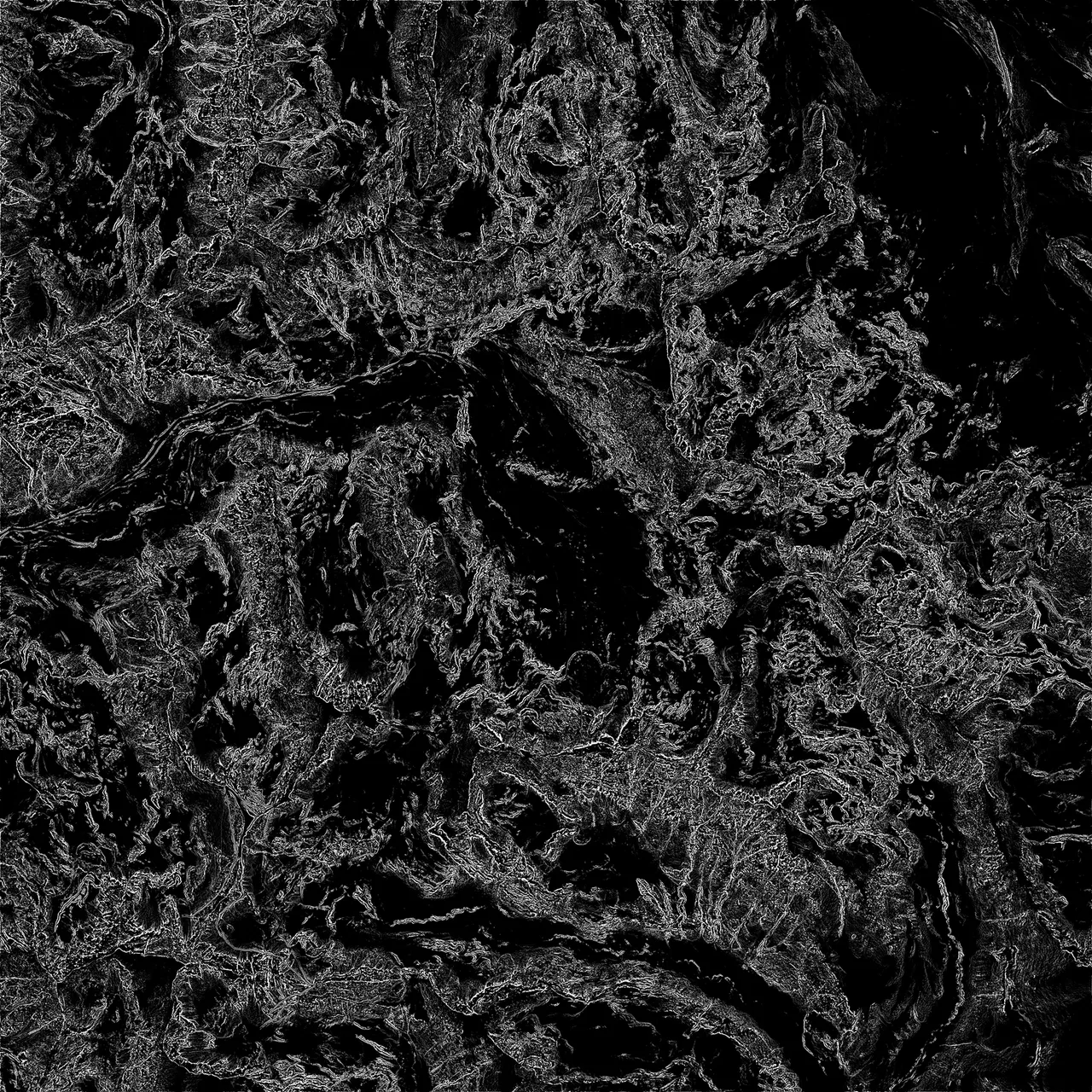 A limestone distribution mask reading as fine pale filigree on black, catching the broken, high-frequency rock faces across the range.