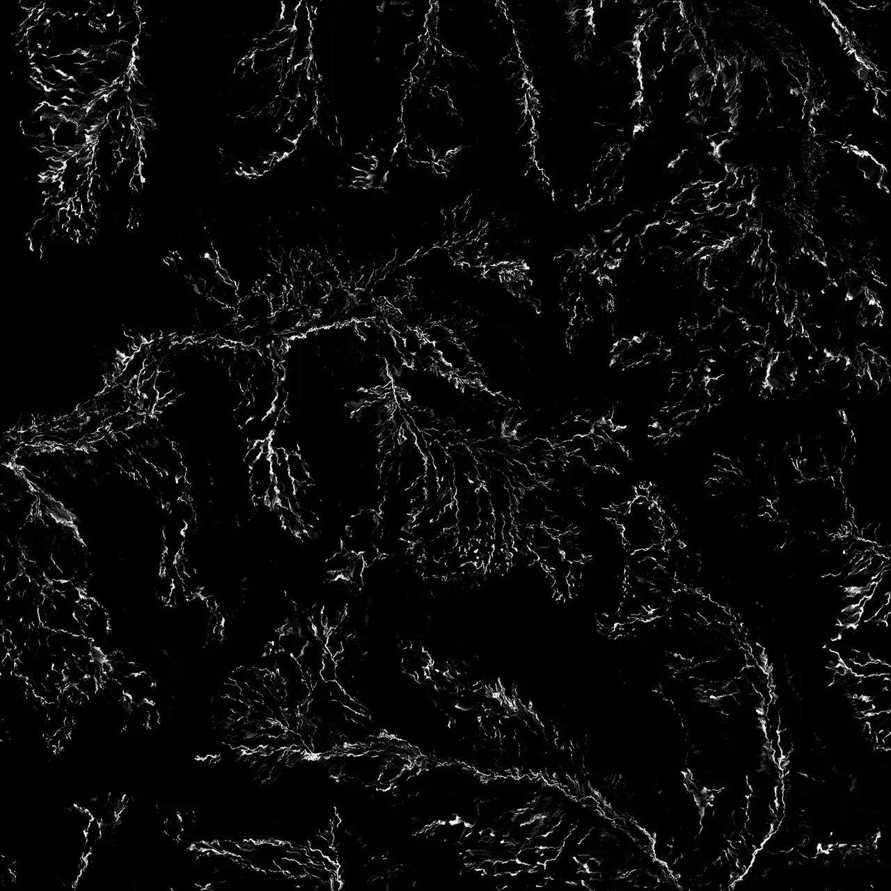 A sediment distribution mask, the sparsest of the set: thin branching white channels tracing where material settles along the drainage network.