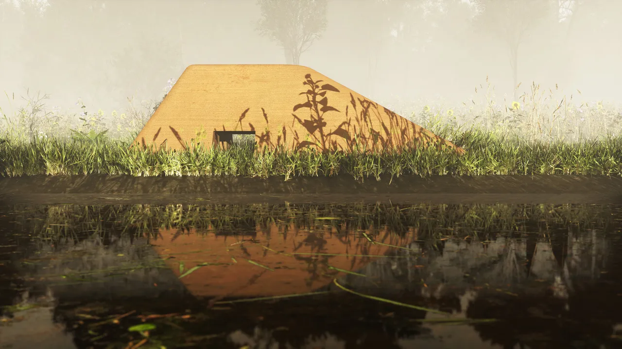 The same waterline view, the turtle replaced by a long low orange form with a small dark opening at its base, grass and flower shadows falling across its face and its reflection lying flat on the pond.