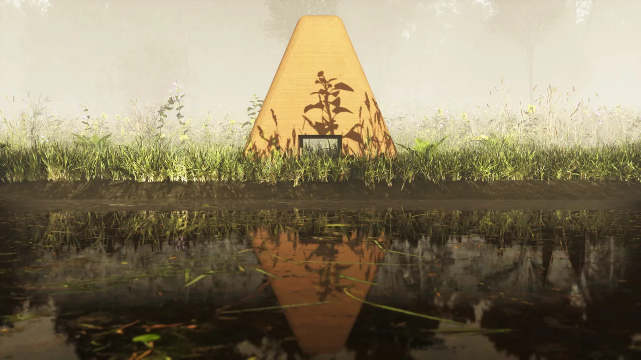The same view again with a tall, steep-sided orange cone in place of the low form, its shadow-cast plant silhouettes sharper and its reflection driven deep into the water.