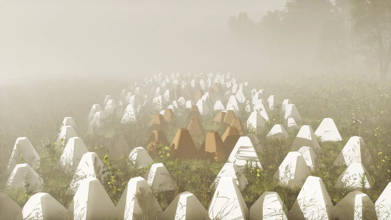 A misty meadow filled with hundreds of pale tapered forms standing in the grass like a crowd, receding into fog. A tight cluster of warm orange forms sits at the centre, the only colour in the frame.
