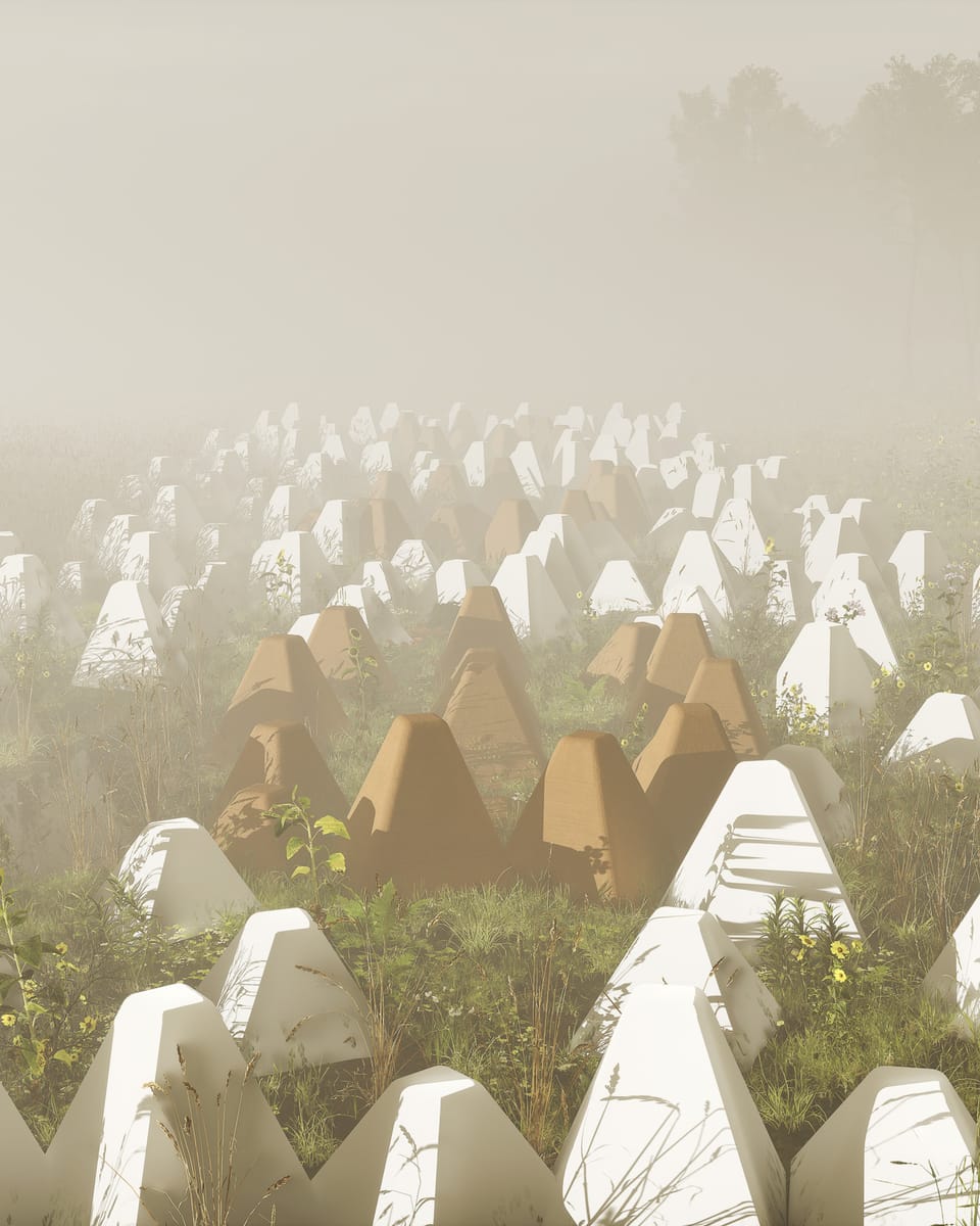 A misty meadow filled with hundreds of pale tapered forms standing in the grass like a crowd, receding into fog. A tight cluster of warm orange forms sits at the centre, the only colour in the frame.