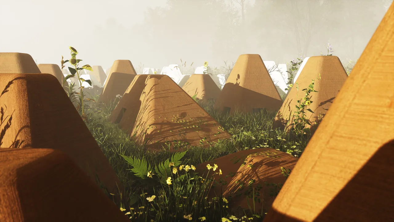 A low view walking in among the orange forms, warm sun raking across their ribbed surfaces, ferns and yellow flowers crowding the ground between them and pale forms visible further off in the haze.