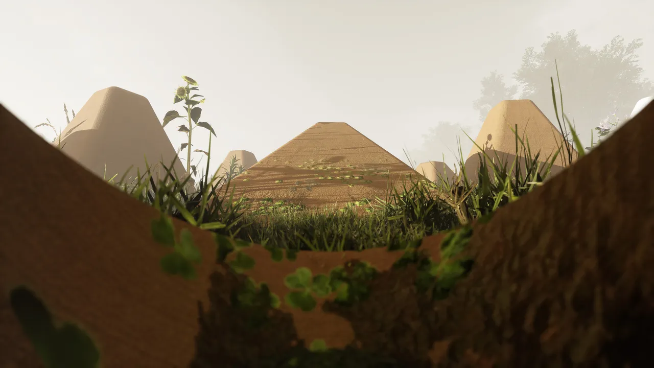 A turtle-height view looking out over a lip of damp earth threaded with clover, the tapered forms rising beyond it against a blank white sky.
