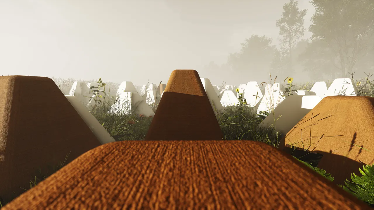 A close low angle across the ribbed back of one orange form, with a second orange form beyond it and a field of pale ones stretching into fog behind.