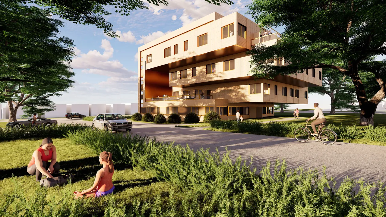 A four-storey apartment block in low afternoon sun, its pale timber-clad floors cantilevering past each other over a deep undercroft. Mature trees frame the view and people sit on the grass and cycle past in the foreground.