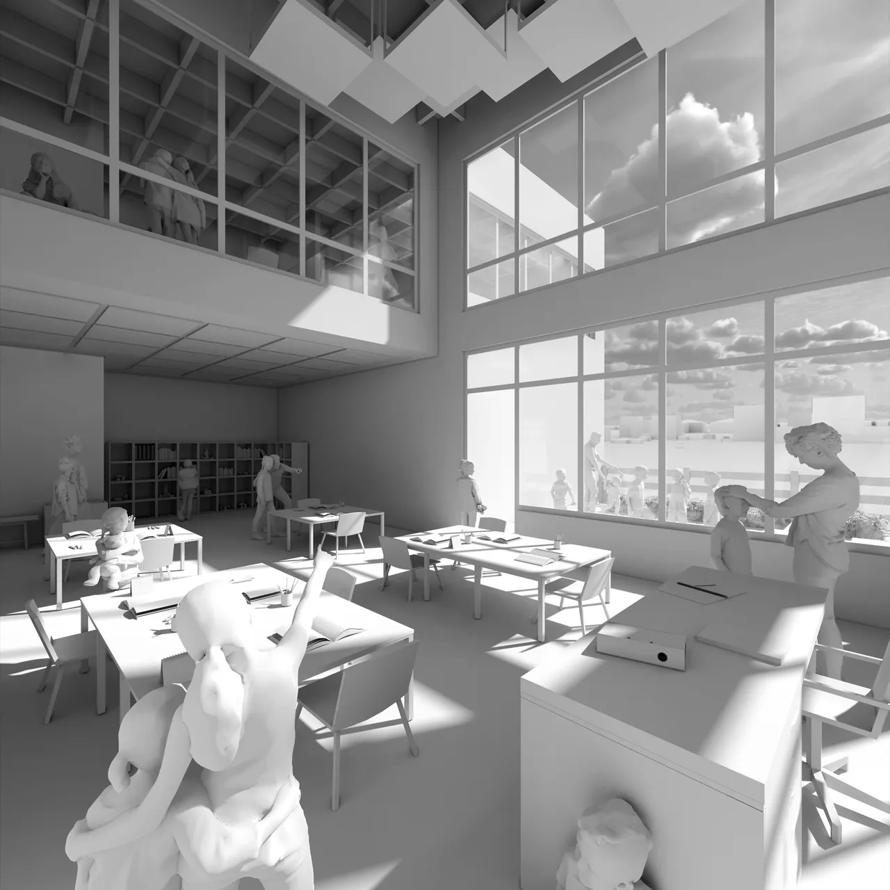 An untextured white clay render of a double-height classroom, tall glazing to the right, a mezzanine reading room above, and white figures working at tables in raking sunlight.