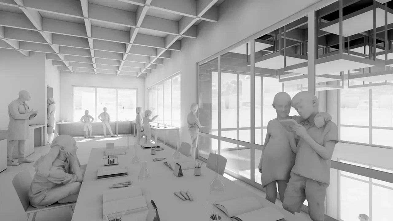 A white clay render of a science classroom, a waffle-grid ceiling overhead and a long bench of flasks and test tubes running down the frame, with white figures working along it and a glazed wall to the right.
