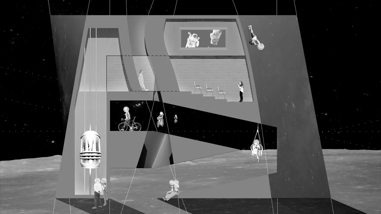 A black-and-white collage set on the lunar surface under a star field. Cutaway greyscale planes reveal a sectioned interior with brick walls and seating, a glazed lift capsule descending on the left, and figures in spherical helmets cycling, floating and swinging from cables.