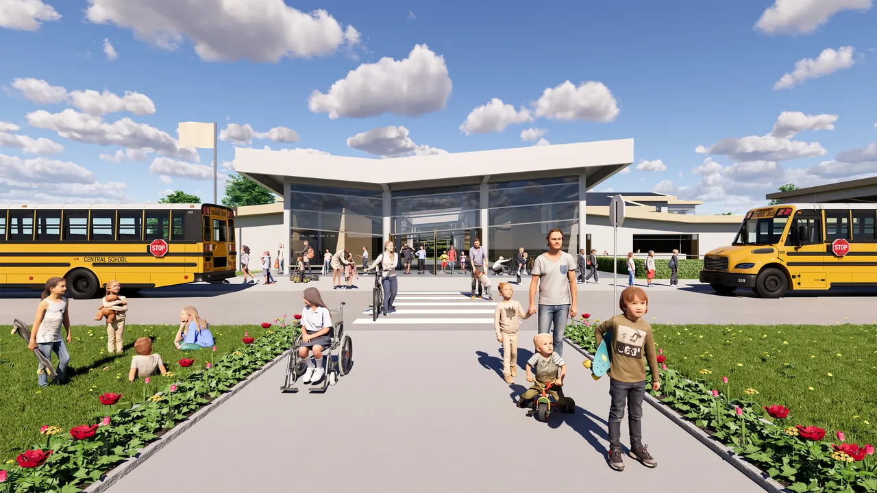An elementary school entrance on a clear day. A white folded-plate canopy floats over a fully glazed lobby, two yellow school buses stand at either side, and children and parents cross a tulip-lined path towards a striped crossing.