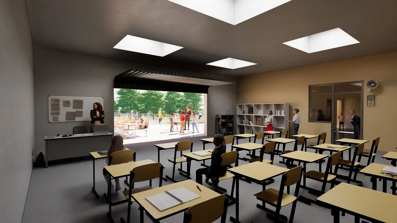 A classroom with four rectangular skylights cut into the ceiling and a wide opening in the far wall onto a shaded outdoor teaching terrace. Rows of pale timber desks face a teacher standing at a whiteboard.