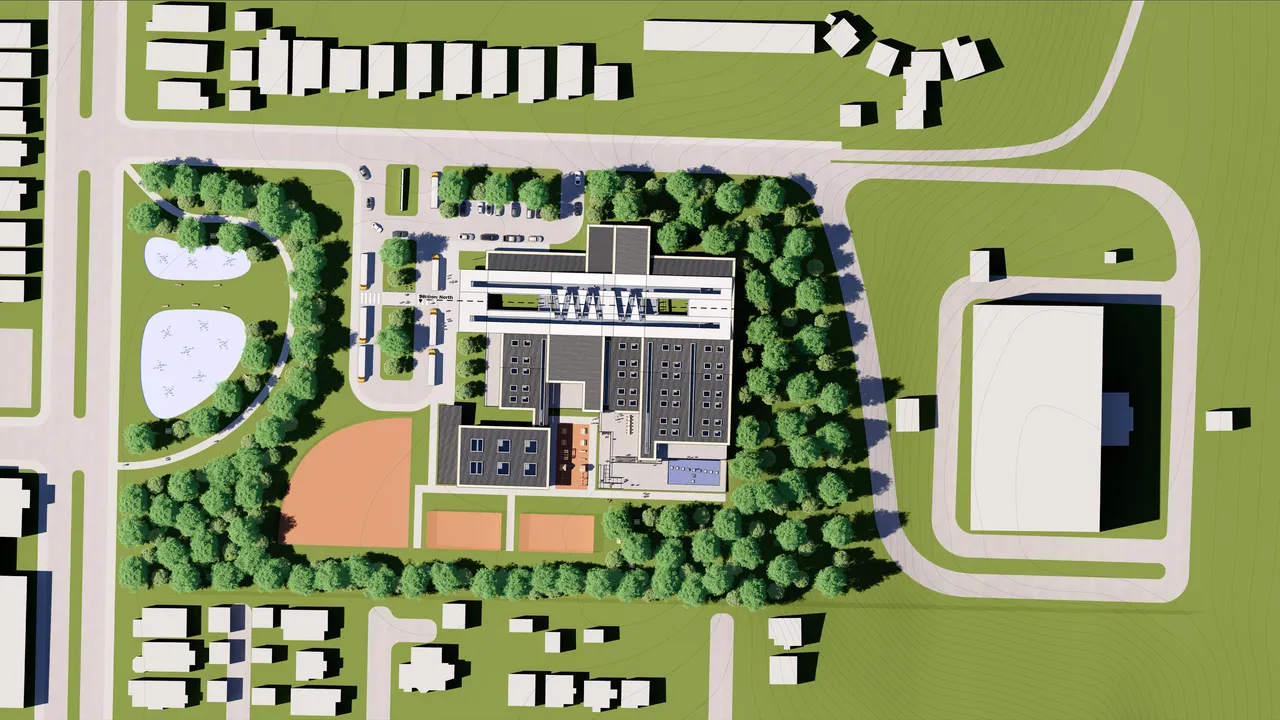 A top-down site plan of the school in colour, showing the building, its courtyards and roof plant among mature tree belts, with bus loops, parking, a baseball diamond, courts and ponds around it.