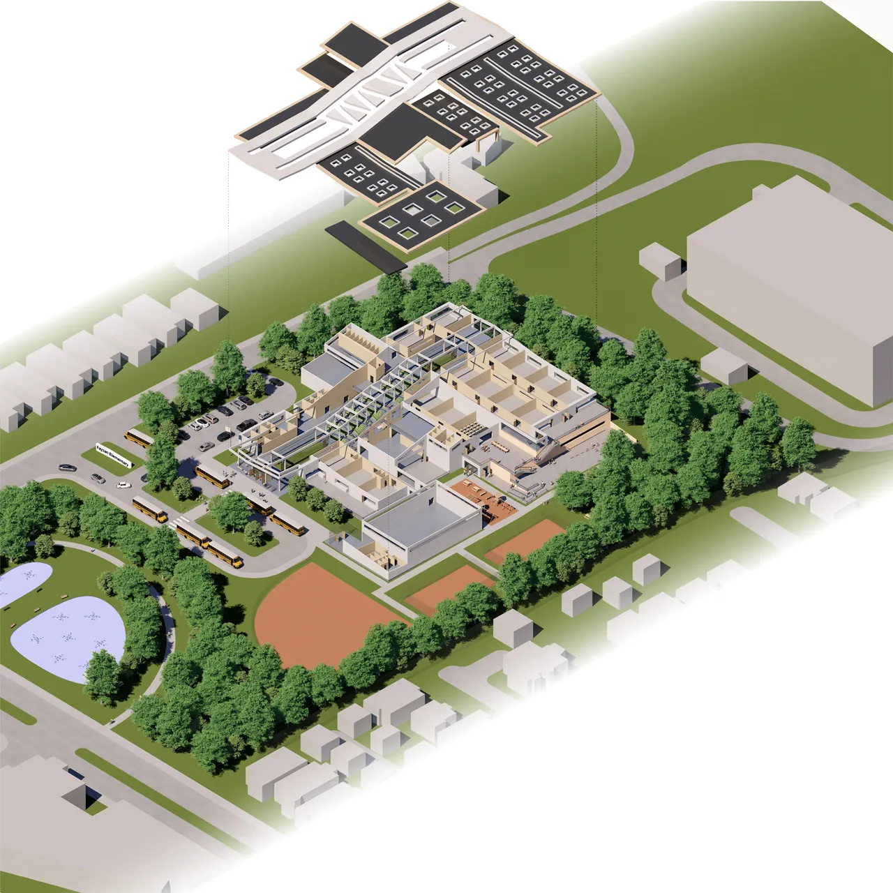 An exploded axonometric of the school: the roof planes lifted clear above the plan and held on dashed alignment lines, revealing the walls, classrooms, pool and gym below on the landscaped site.