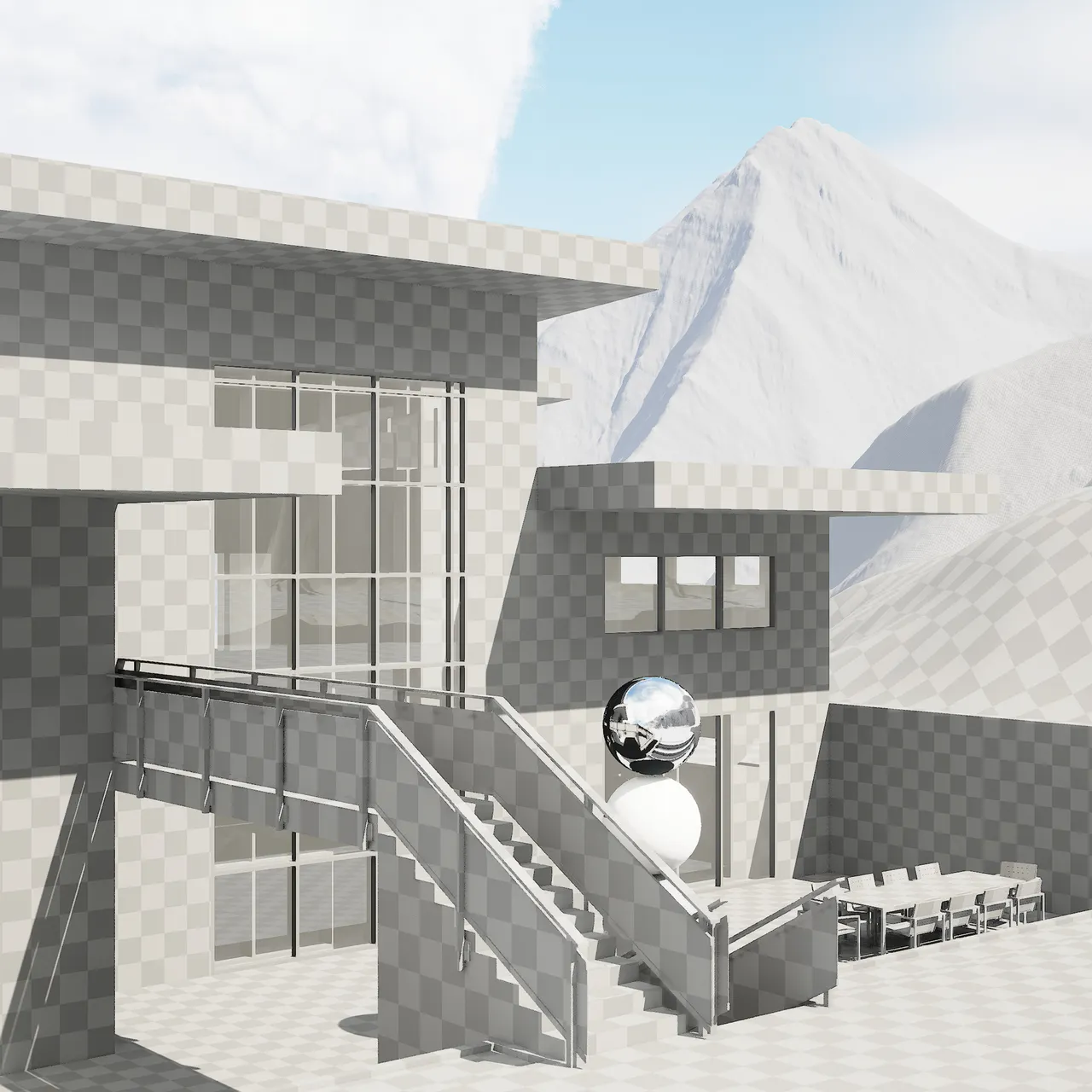 The same camera as a lookdev pass: the entire house rendered in grey checker material with a chrome sphere and a matte white sphere placed in frame to read reflection and lighting response against the untextured landscape.