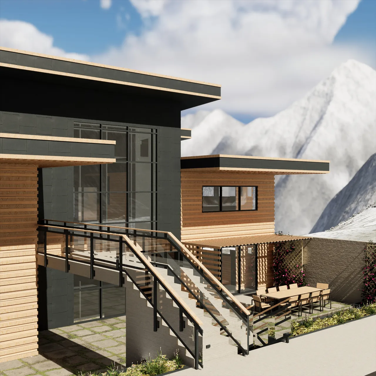 A two-storey house in daylight, dark stone volumes set against wide bands of pale timber cladding, with a steel-and-glass stair running down to a terrace and dining table. Snow-covered peaks rise behind it under broken cloud.