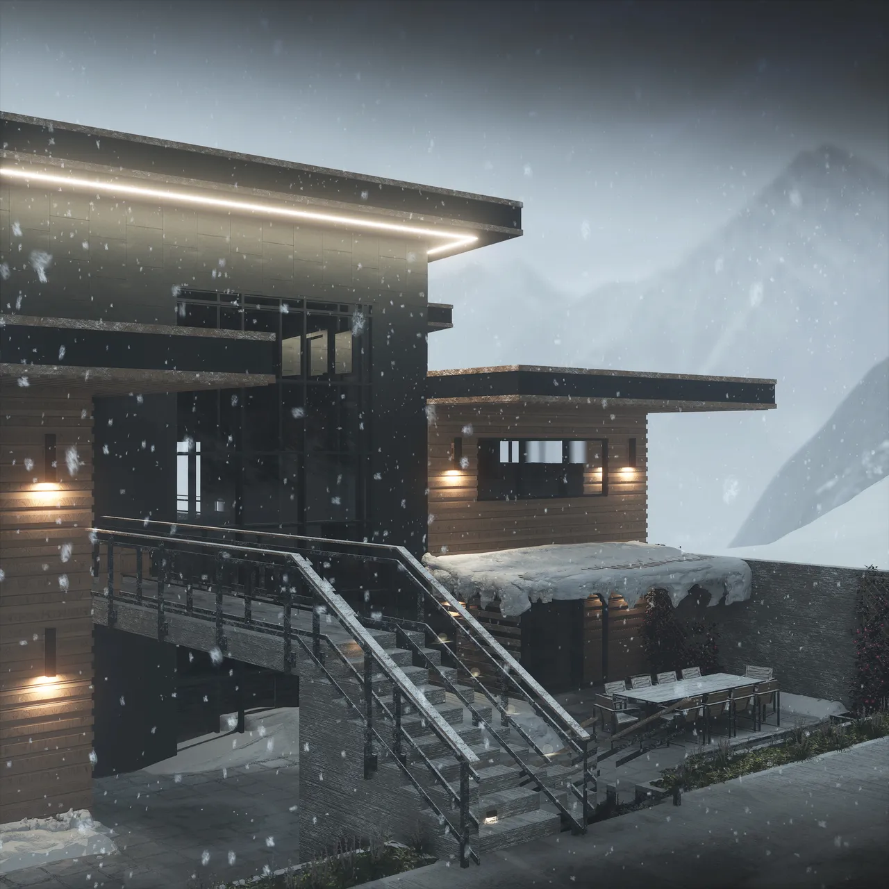 The same house at night in falling snow, a continuous warm strip light under the roof eave and small wall lights picking out the timber, the mountain behind reduced to a grey silhouette.