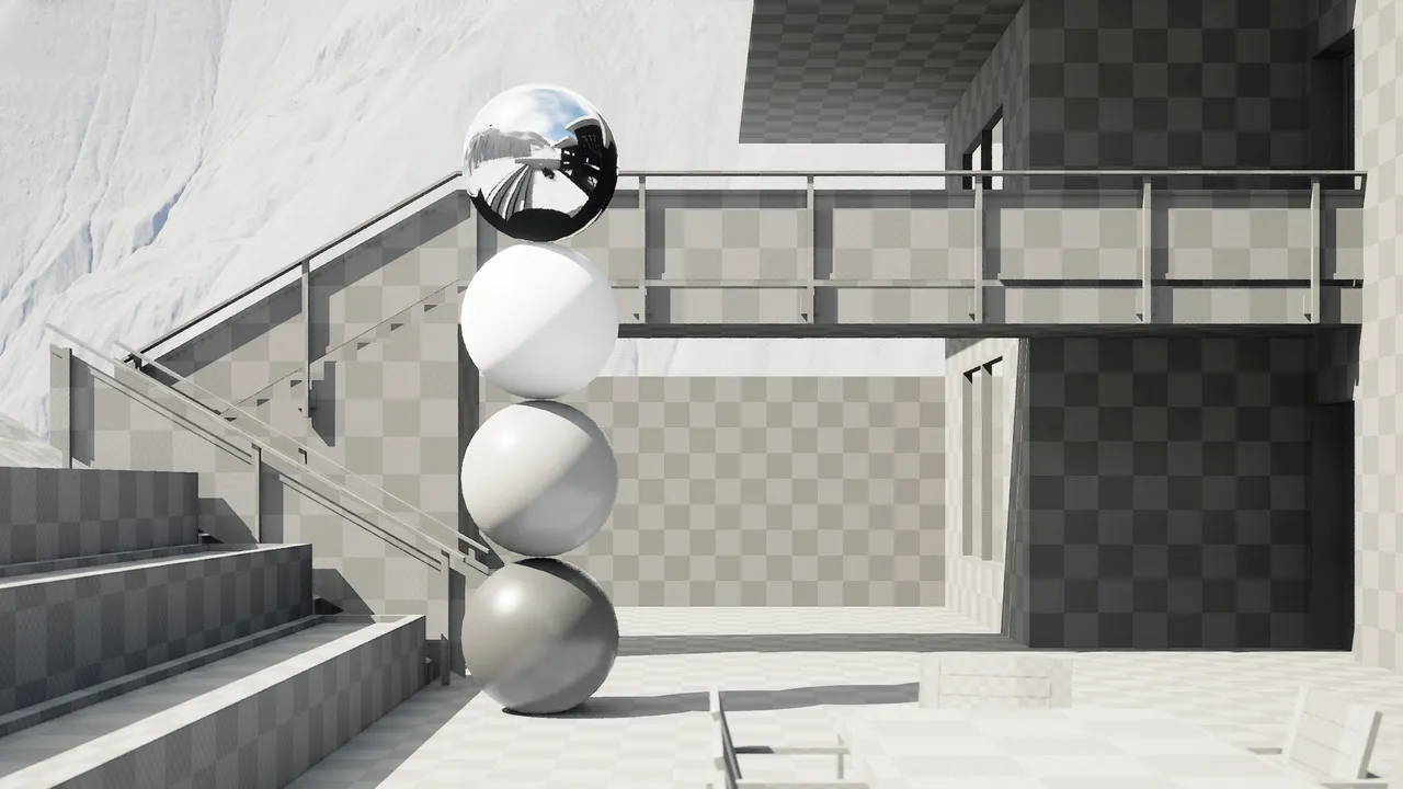 The same courtyard as a lookdev pass in grey checker material, with four spheres stacked in a column (chrome, gloss white, mid grey and matte) standing where the calibration needs to be read.