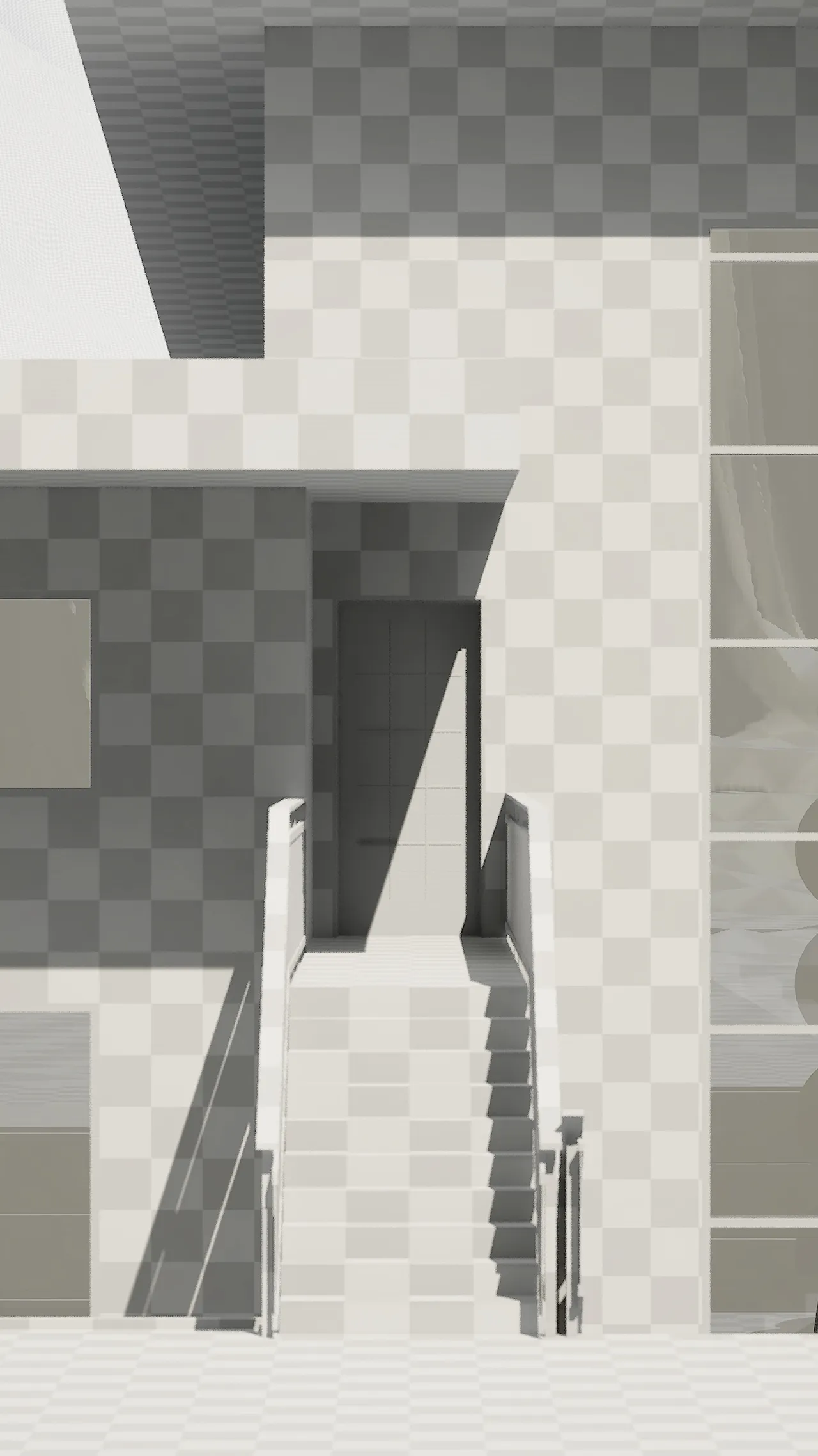 The same entry as a lookdev pass in grey checker material, the steps, soffit and door reduced to untextured volumes so the massing and shadow read on their own.