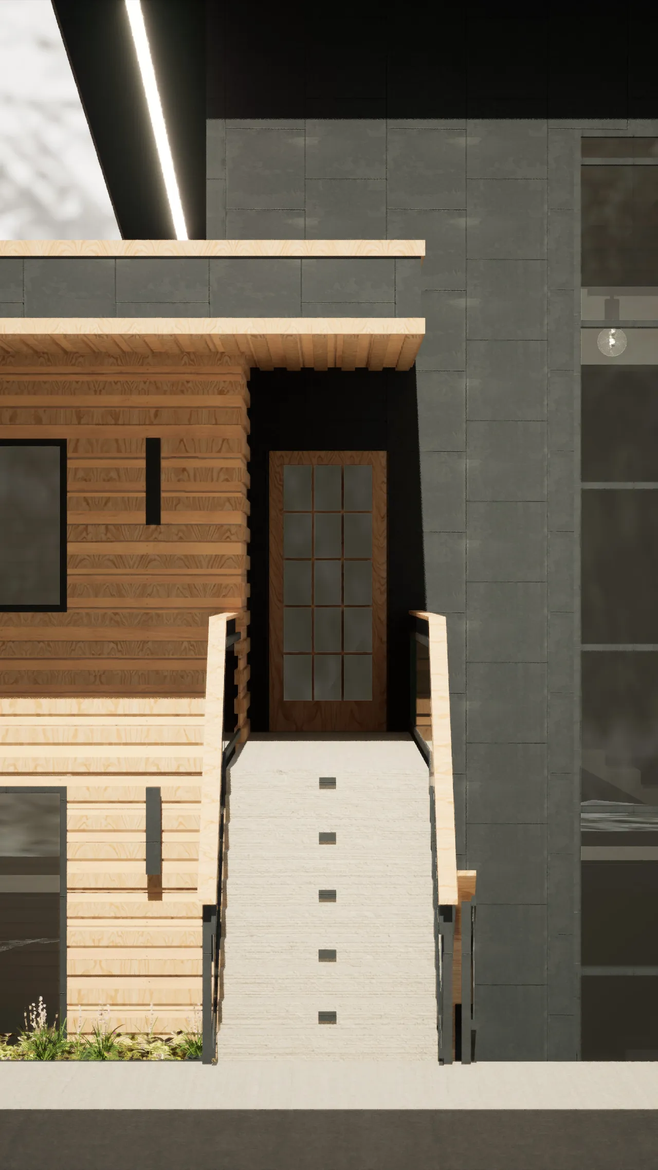 A tall portrait view of the entry: a glazed timber front door set back under a deep soffit between pale timber cladding and a dark stone wall, with a run of steps leading up to it.