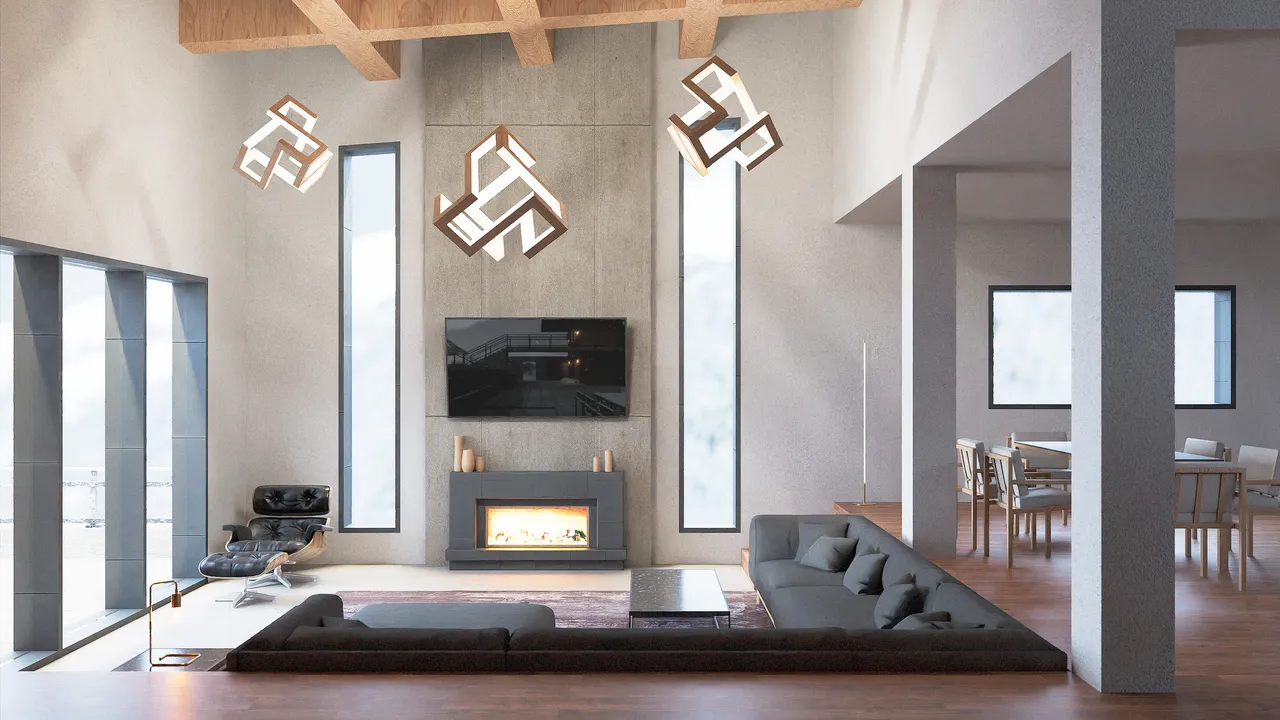 A double-height living room. A linear gas fire and wall-mounted screen sit in a concrete chimney flanked by two tall narrow windows, three angular sculptural pendants hang from an exposed timber ceiling, and a deep grey sectional wraps the sunken floor.