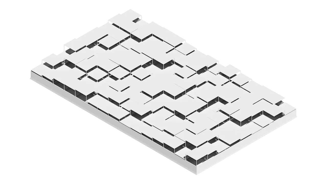 A white axonometric of the warehouse model seen from above, its floor plate cut through by a dense irregular arrangement of interior walls.