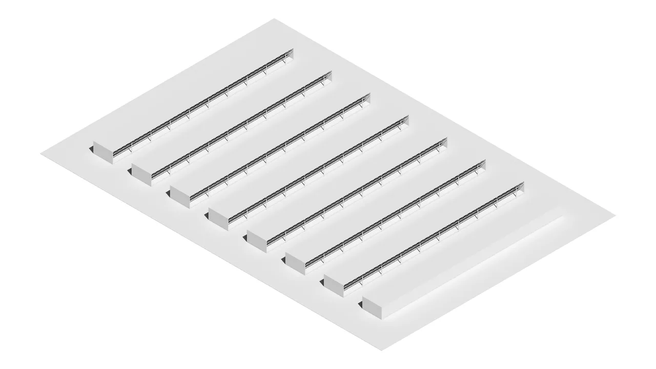 A white axonometric of the same building reduced to its long-span roof structure: eight parallel steel trusses running the length of the slab, each carried on a solid end wall.