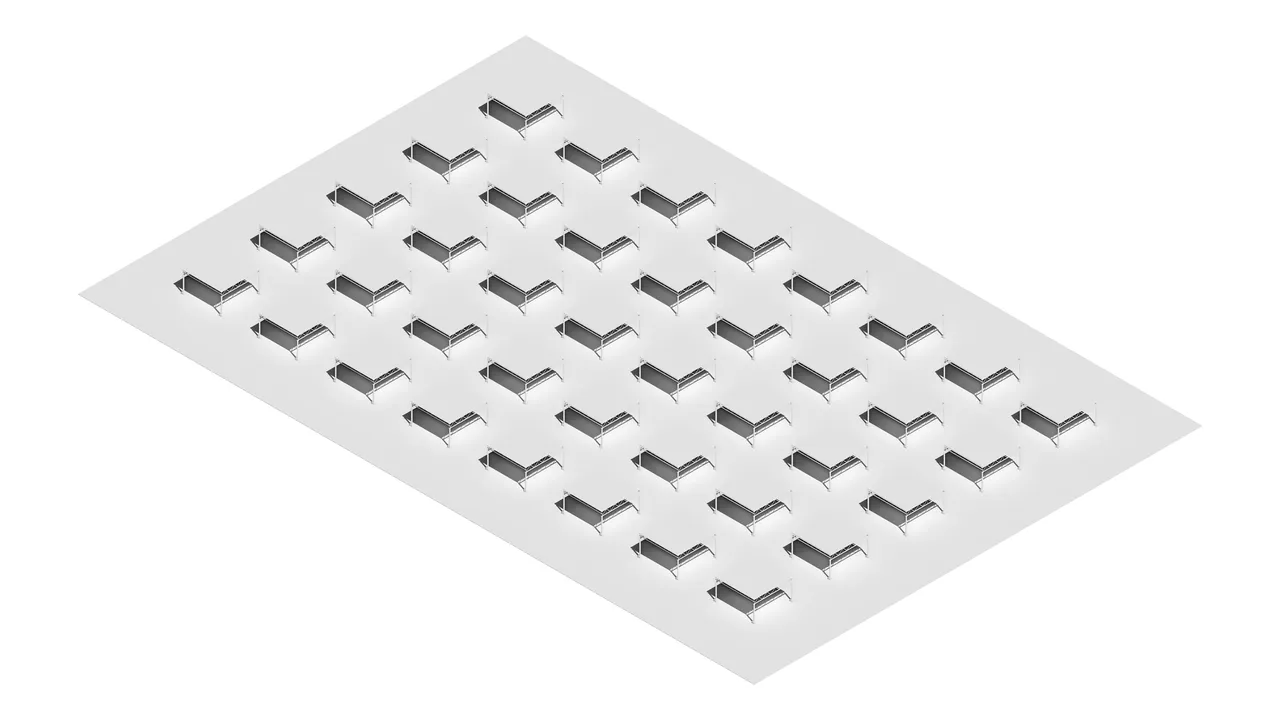 A white axonometric of the roof broken into its repeating unit: several dozen identical L-shaped truss modules arrayed in a staggered grid across the slab.