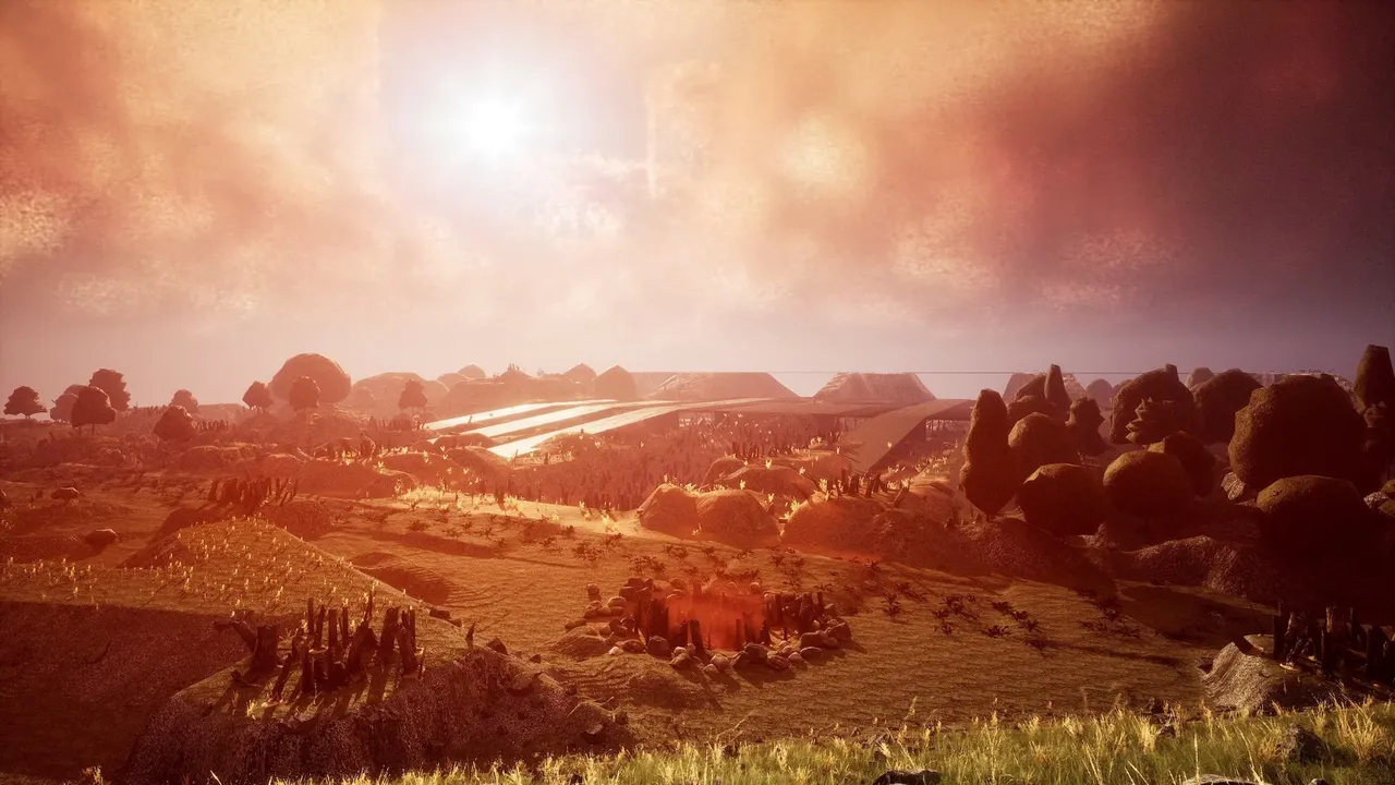 A wide overgrown valley under a heavy red-orange sky, the sun burning through low cloud. Charred tree stumps and scrub cover the mounded foreground, and a long low structure with a broad flat roof sits half-buried in the ridgeline beyond.