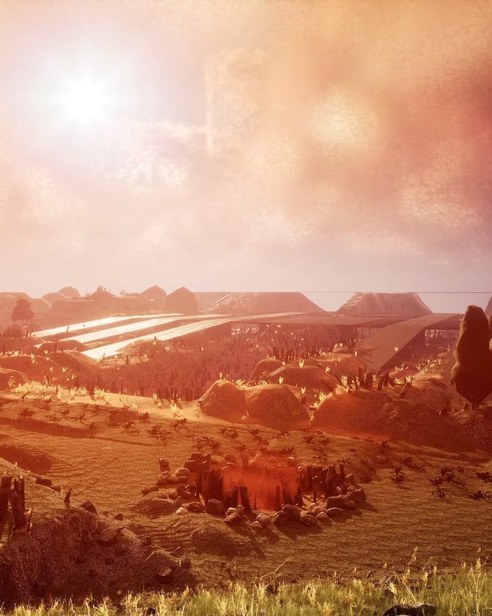 A wide overgrown valley under a heavy red-orange sky, the sun burning through low cloud. Charred tree stumps and scrub cover the mounded foreground, and a long low structure with a broad flat roof sits half-buried in the ridgeline beyond.