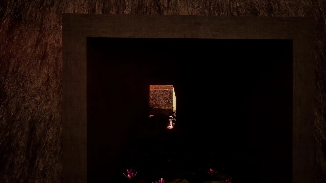 A near-black interior looking out through a heavy rectangular opening. A single warm doorway glows far back in the darkness, reflected in standing water on the floor, with waterlilies blooming in the shallow pool at the bottom of the frame.